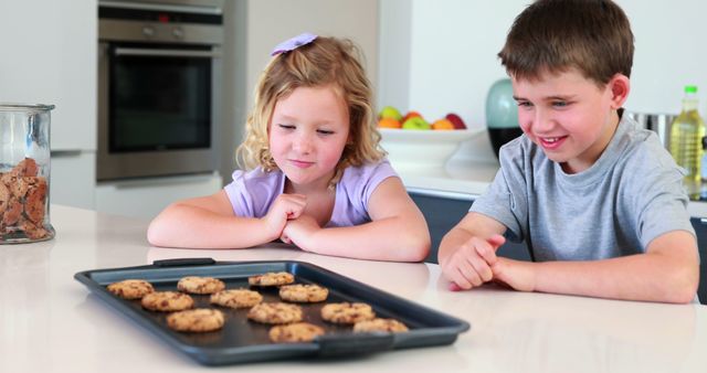 Two children, a girl and a boy, eagerly wait in a modern kitchen in front of a tray of freshly baked cookies. They appear excited and anticipating. The girl has a purple bow in her hair, and the boy is smiling brightly. The kitchen features contemporary decor, and there is a jar of cookies and a bowl of fruits in the background. This can be used to illustrate family bonding, baking activities, or educational content about cooking with children.