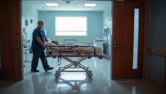 Orderly pushing patient on hospital stretcher through ward with iv lines and monitors
