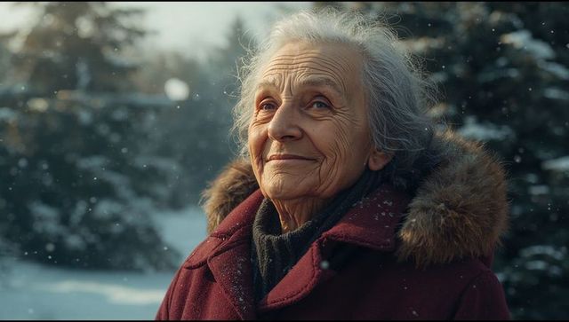Elderly Woman Contemplating in Serene Snowy Forest