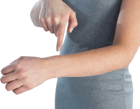 Transparent Businesswoman Pointing on Arm Close-up