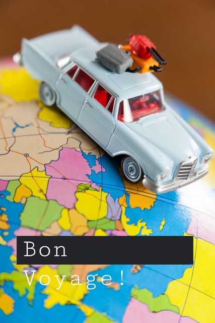Toy car on colorful world map symbolizing travel and adventure. Perfect for themes involving travel, exploring, journeys, wanderlust, adventure vacations, children's geography education, and encouraging a sense of discovery. Ideal for travel blogs, educational materials, or inspirational travel posters.