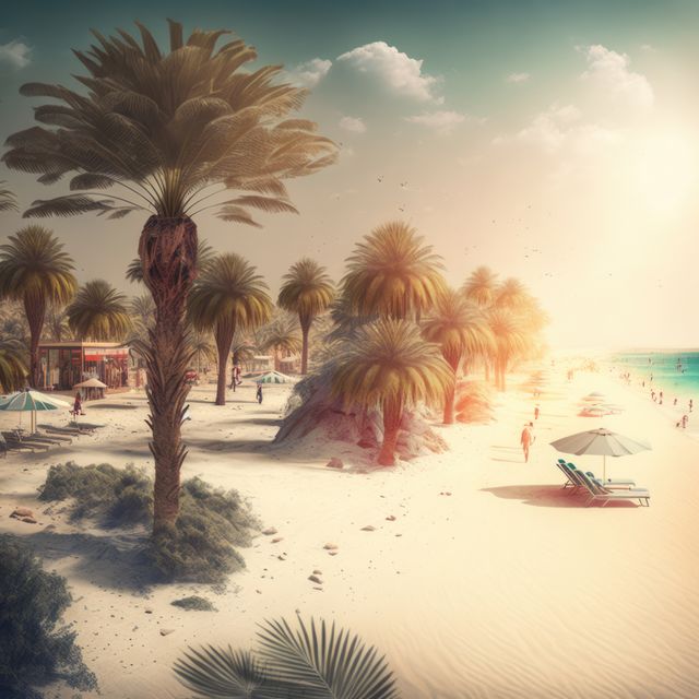 Serene Tropical Beach with Palm Trees and Soft Sunlight in Evening - Download Free Stock Images Pikwizard.com