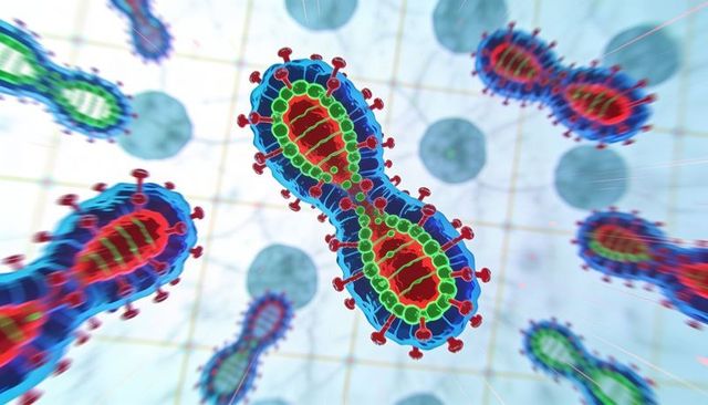Enveloped virus particle dividing showing spike proteins and encapsulated genome