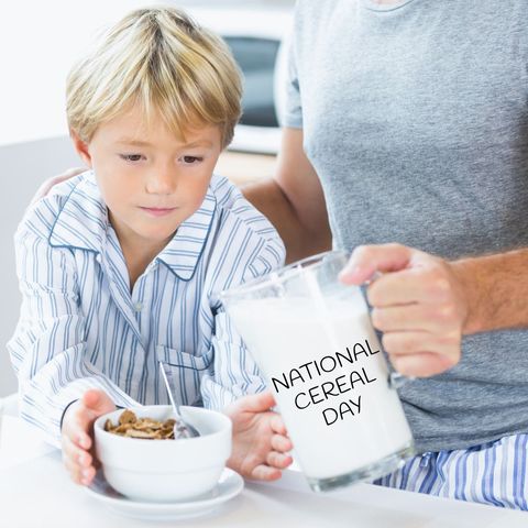 young boy and father celebrate national cereal day at breakfast table - Download Free Stock Templates Pikwizard.com