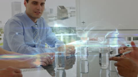 Business Meeting with Digital Data Processing Concept Overlay