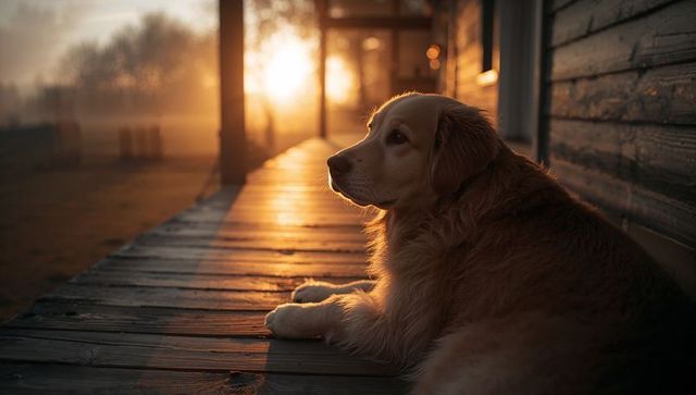 Golden retriever relaxing on wooden porch in warm golden-hour sunset light