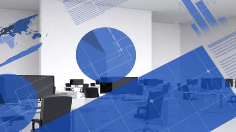 Animation showcasing a modern office environment overlaid with financial data graphs emphasizing global business and technology processes. Suitable for presentations on business intelligence, data analysis, corporate strategies, or tech industry advancements.