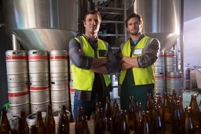 Portrait of coworkers with arms crossed standing by beer bottles at brewery
