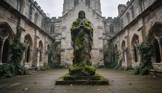 Moss-covered statue holding triangular symbol in cloister courtyard with ivy-draped arches