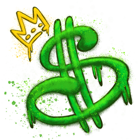 Transparent graffiti dollar symbol with crown, luminous urban art