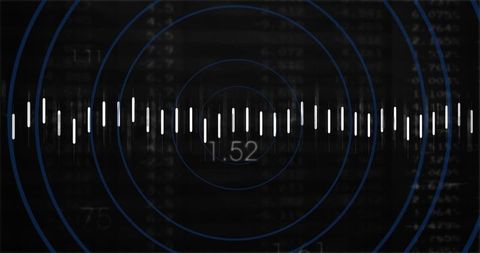 Centered waveform crossing concentric radar rings on dark data dashboard with glowing digits