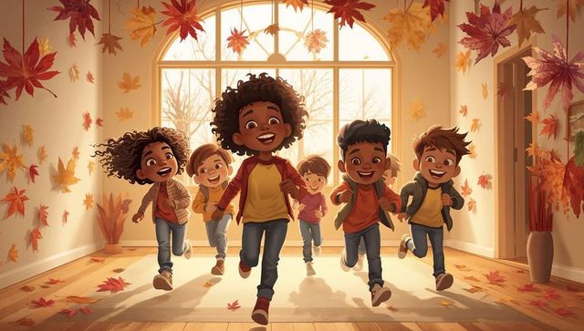Joyful diverse children running through sunlit foyer with autumn leaves and backpacks