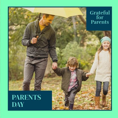 Joyful family celebrating parents day in autumn park