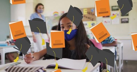 Schoolchildren with Face Masks and Animated Education Icons