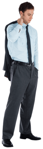 Transparent businessman holding jacket with thoughtful expression