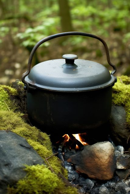 A black kettle heats over an open fire outdoors. Surrounded by rocks and moss, it evokes a rustic camping atmosphere.