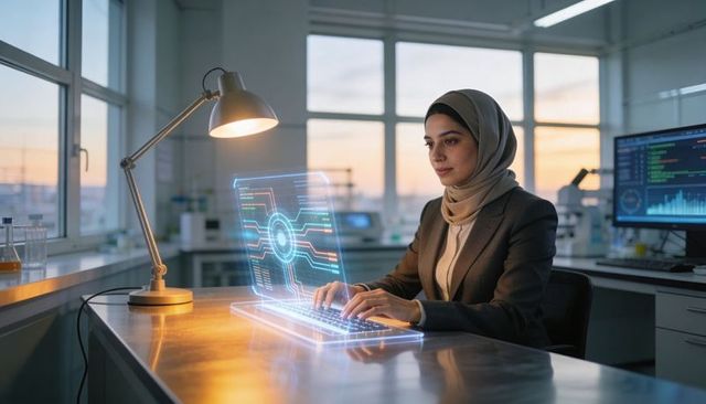 Woman wearing hijab working with holographic laptop in high-tech laboratory