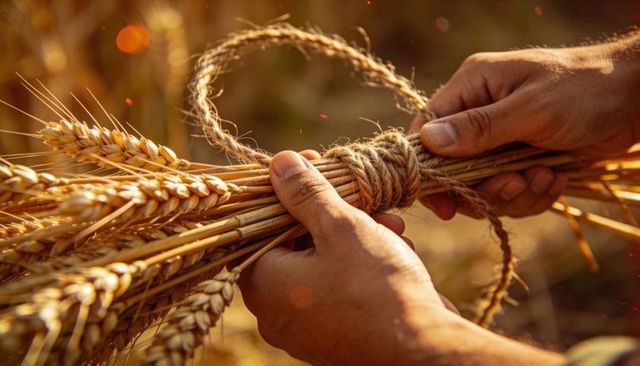 Hands tying wheat sheaf with twine at golden hour rustic harvest close-up