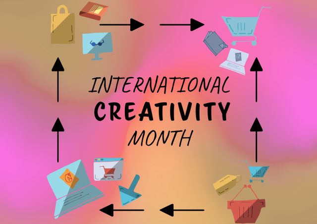 Colorful graphic showcasing International Creativity Month with shopping-related icons such as a shopping cart, bag, and laptop connected by arrows. Perfect for marketing and promoting creative events, festive sales, and retail campaigns during Creativity Month.