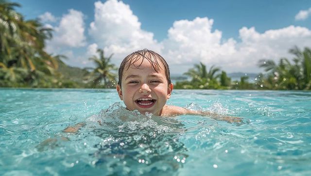 Joyful Child Plays in Luxurious Tropical Pool on Vacation