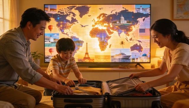 Family packing suitcase together while planning world trip with glowing map on tv
