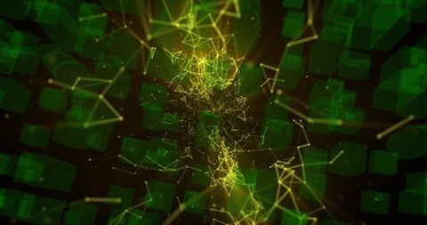 Futuristic Digital Network Over Cityscape with Green Glow