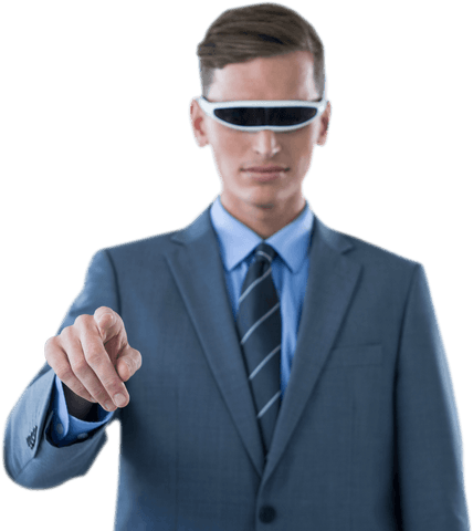 Confident Businessman in Suit Wearing Futuristic Virtual Reality Glasses Transparent - Download Free Stock Videos Pikwizard.com