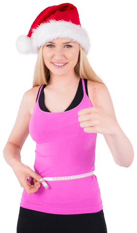 Transparent cheerful fit woman in festive santa hat showing measurements