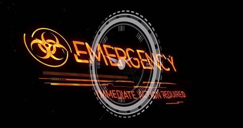 Biohazard symbol and emergency alert with clock overlay