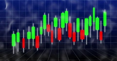 3d digital visualization of candlestick chart with abstract wave pattern