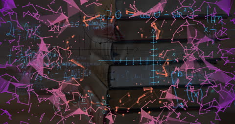 Futuristic Overlay of Math Equations and Animated Shapes on Books