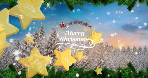 Festive Background with Stars and Snowy Forest for Merry Christmas