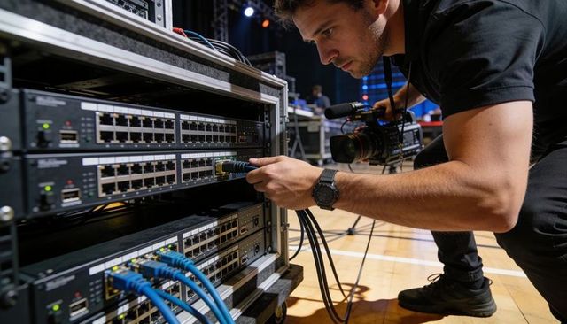 Live event tech connecting ethernet to rack switch while holding professional video camera