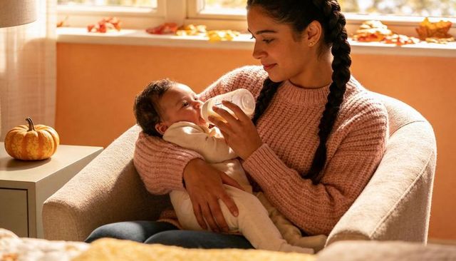 Young mother feeding newborn in cozy autumn armchair by windowlight, pumpkin decor, chunky knit