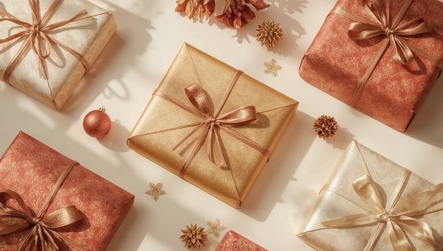 Shimmering gold and copper gift boxes lying on cream tabletop for holiday decor