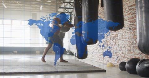 Boxer Training in Industrial Setting with World Map Overlay