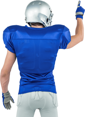 Transparent football player in blue jersey pointing enthusiastically