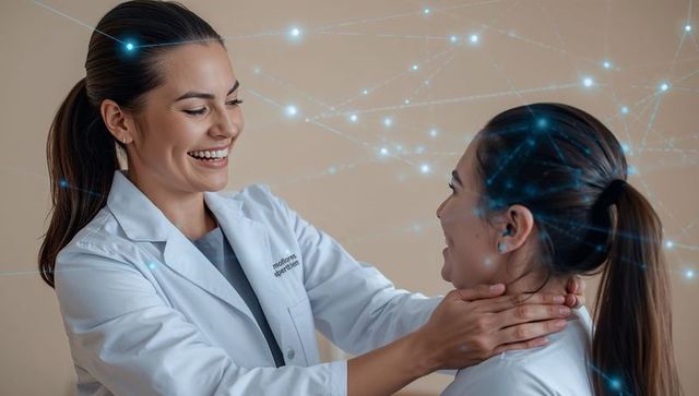 Female clinician examining patient neck with digital network overlay representing ai care