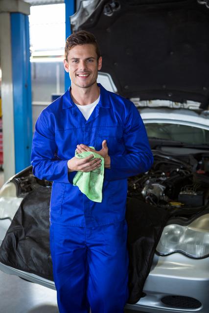 Portrait of happy mechanic wiping his hands with napkin at repair garage