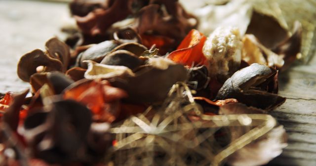 Close-Up of Assorted Dried Decorative Potpourri on Wood - Download Free Stock Images Pikwizard.com