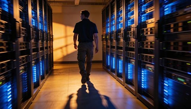 It technician walking through glowing server aisle inspecting racks and networking equipment