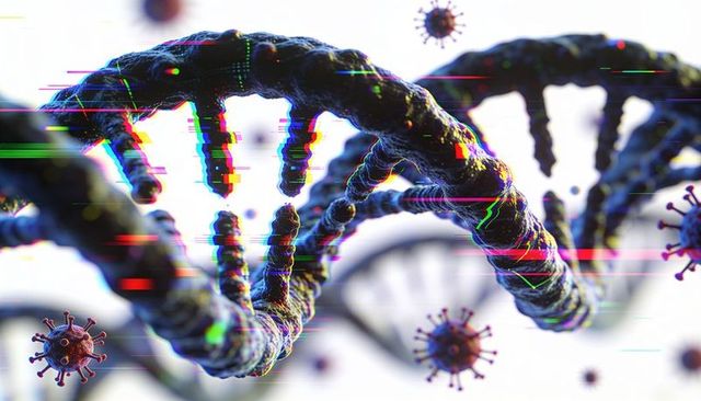 Twisting dark dna double helix surrounded by virus particles with rgb glitch effects