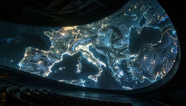 Immersive curved planetarium display mapping europe night lights over tiered auditorium