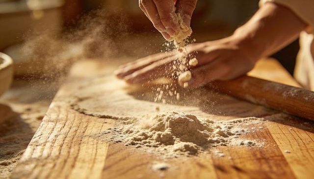Sprinkling flour and shaping dough on sunlit rustic wooden board with rolling pin