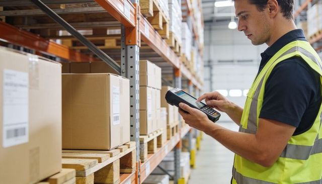 Warehouse worker scanning inventory with handheld terminal on pallet racking for logistics