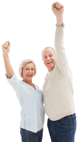 Joyful Mature Couple Celebrating with Raised Arms Transparent Background