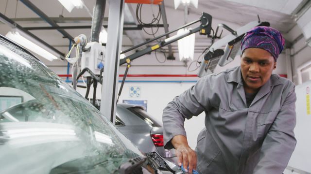 African American female mechanic cleaning car windshield in a township workshop with a rag. Useful for automotive service promotions, female empowerment in technical fields, and highlighting diversity in workplace.