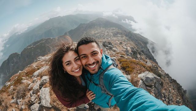 Smiling Couple Taking Selfie on Windy Mountain Ridge Hiking Summit Backpack Travel Romance
