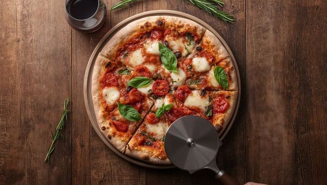 Artisanal margherita pizza on rustic wooden table