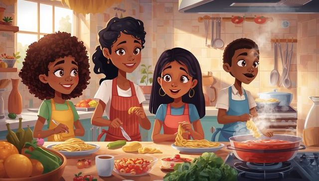 Sunlit family kitchen kids cooking pasta together in colorful aprons for homemade meal